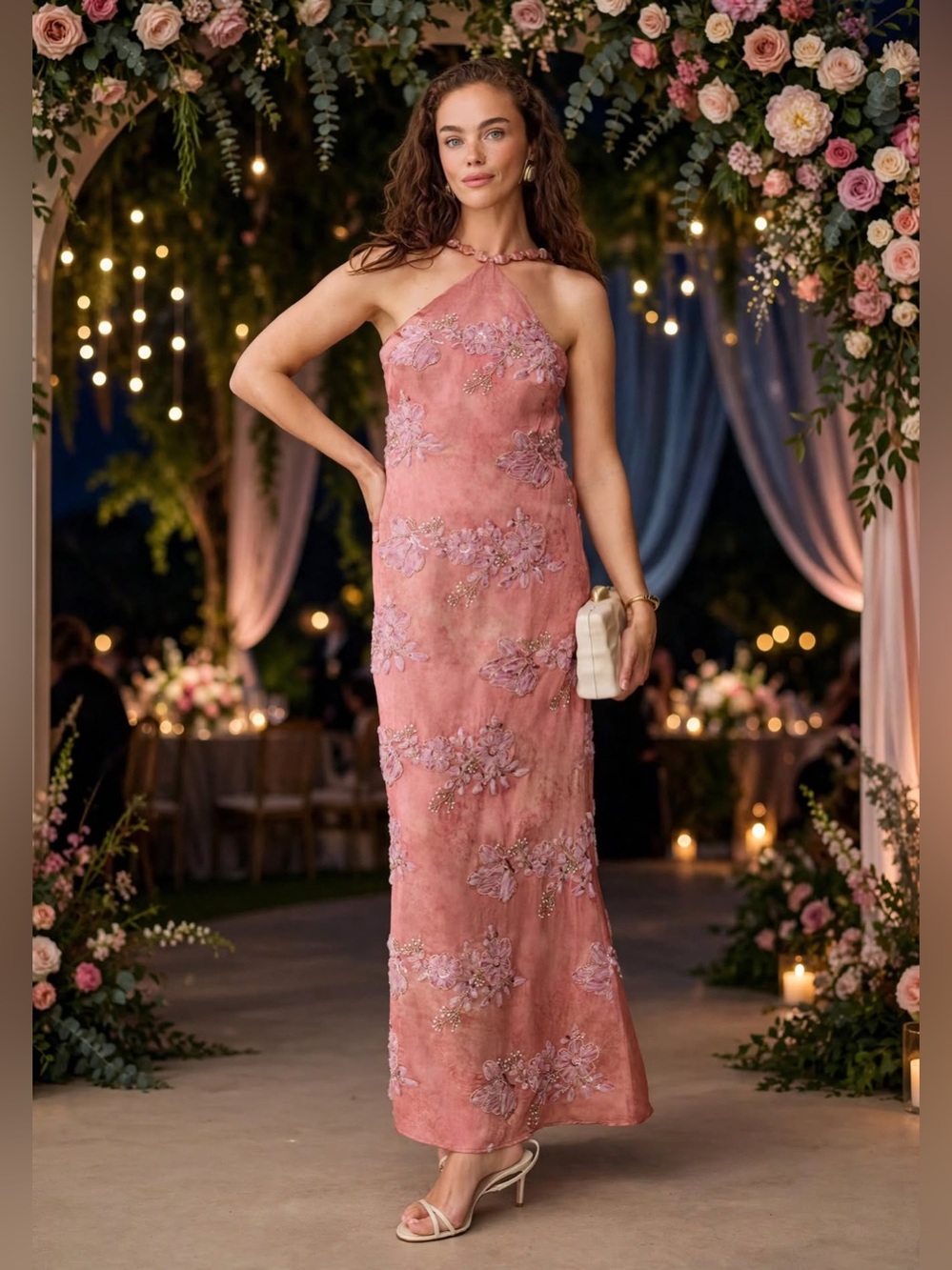 o.p.t Kayda Dress Halter Floral Embroidered Maxi Dress in Rose size 4 nwt.